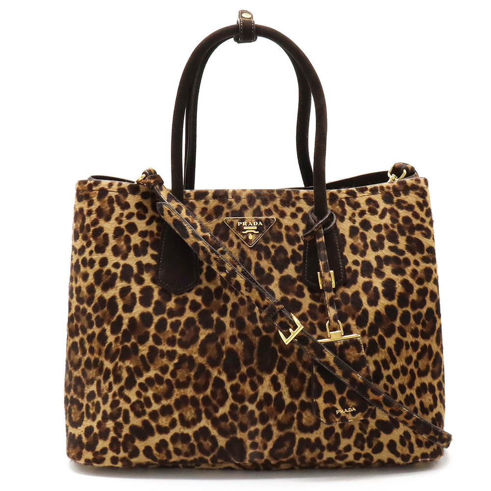 Prada CAVALLINO Tote Bag Shoulder Leopard Calf Hair Beige Cream Brown